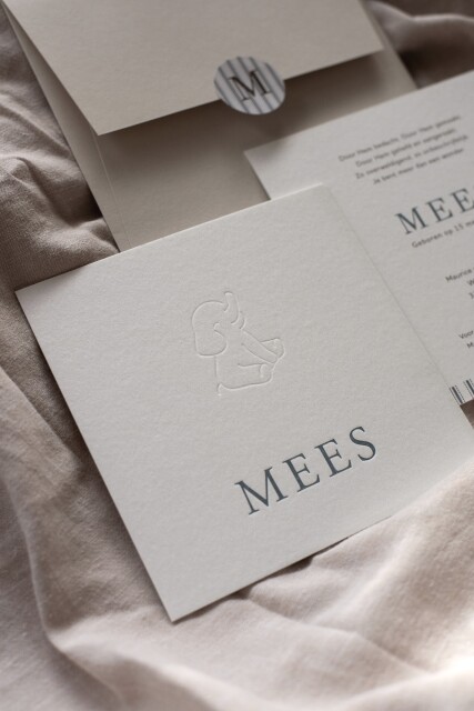 Geboortekaartje Mees letterpress olifantje 2a